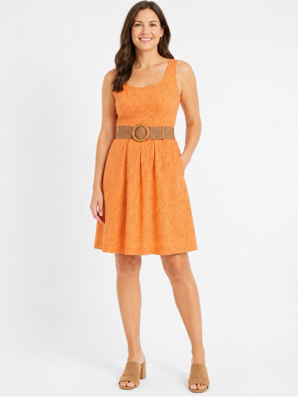 Nine West, Orange Canyon Sleeveless Belted A-Line Dress, Size 12 NWT